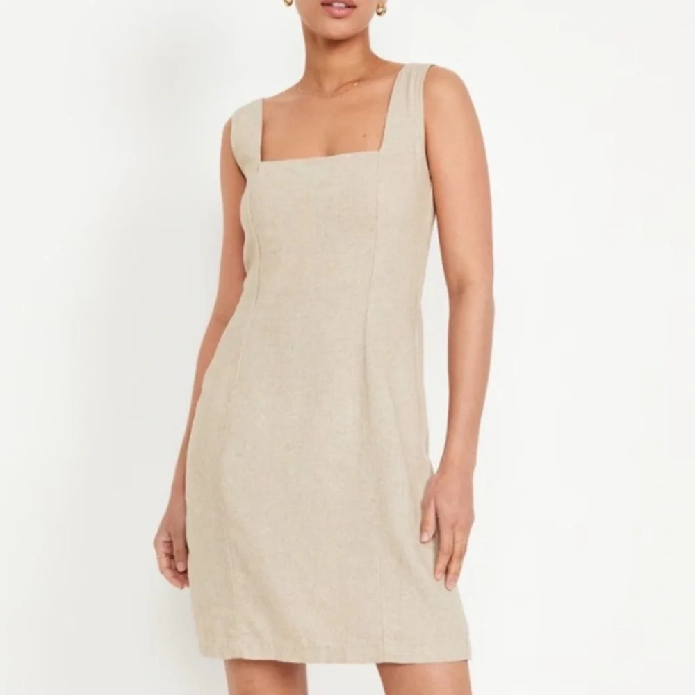 Old Navy Sleeveless Linen Blend Mini Dress Women’s XL Neutral Tan Square Neck - Picture 1 of 13